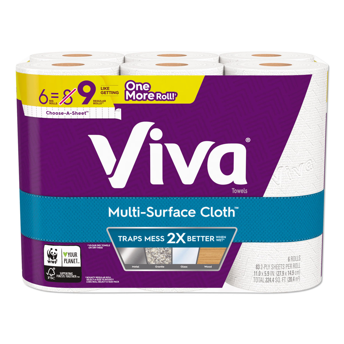 Viva Multi-Surface Cloth Choose-A-Sheet Paper Towels 1-Ply, 11 x 5.9, White, 83 Sheets/Roll, 6 Rolls/Pack, 4 Packs/Carton (49413)