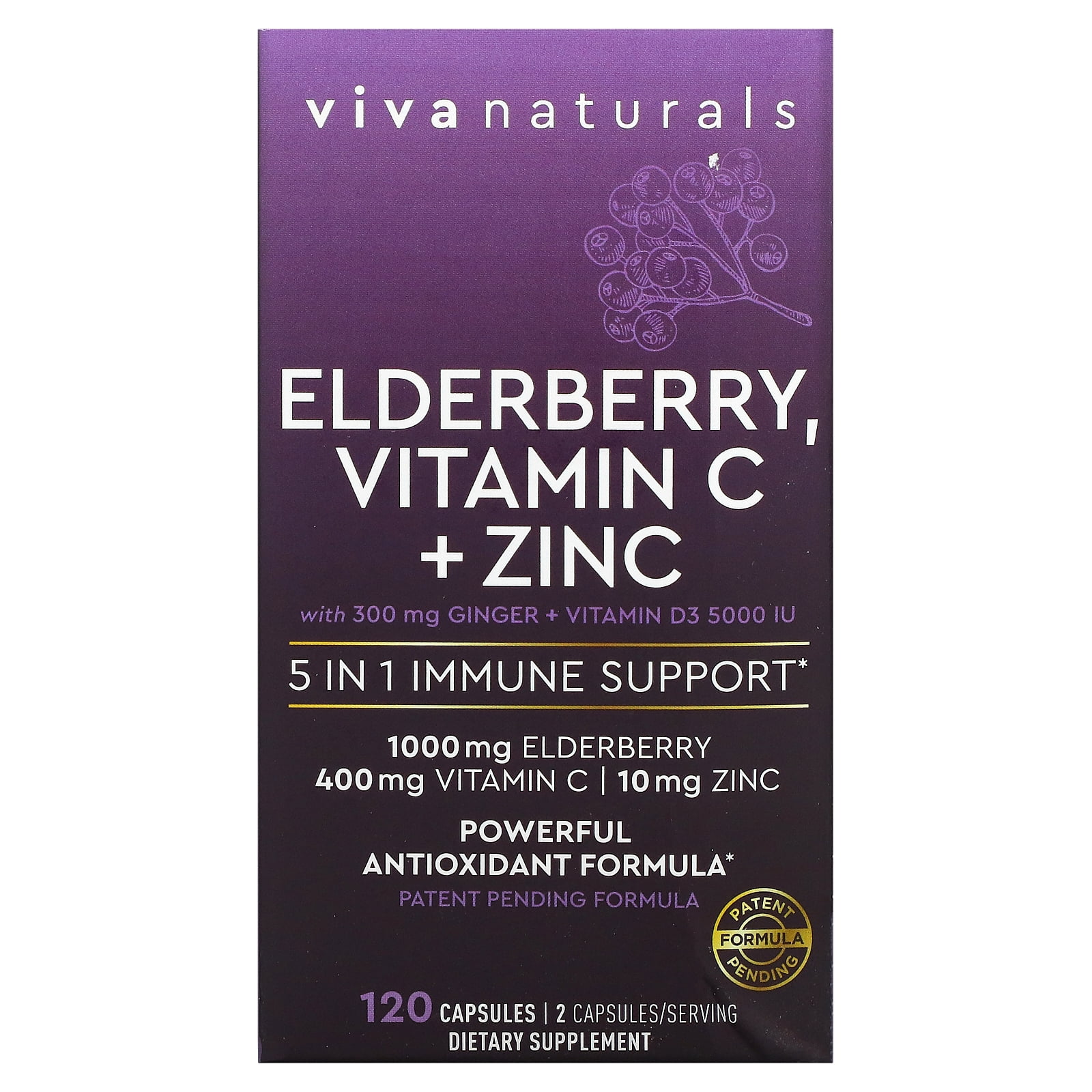 Viva Naturals, Elderberry, Vitamin C + Zinc, 5 in 1 Immune Support, 120