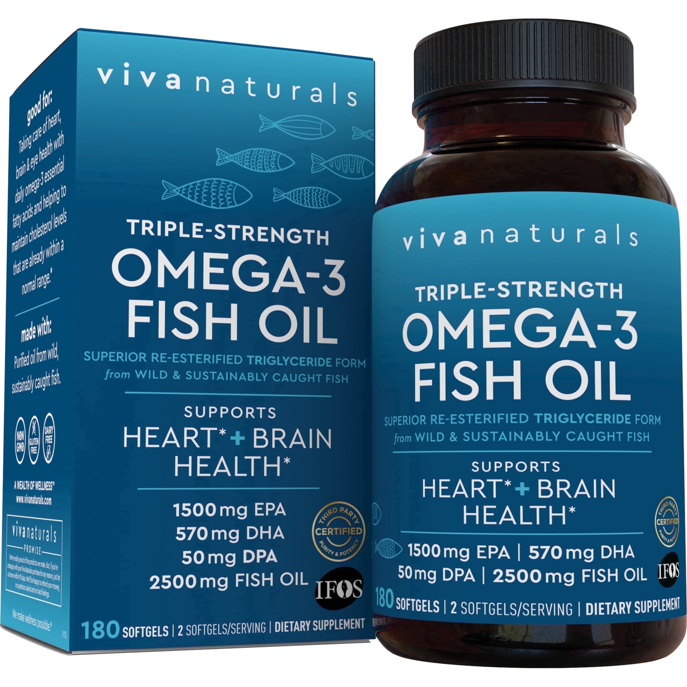 Viva Naturals Triple-Strength Omega-3 Fish Oil Supplement, 2500 mg, 180 Pescatarian-Friendly Softgels- Provides EPA & DHA, Supports Heart and Brain Health *