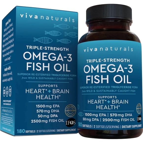 Viva Naturals Triple-Strength Omega-3 Fish Oil Supplement, 2500 mg, 180 Pescatarian-Friendly Softgels- Provides EPA & DHA, Supports Heart and Brain Health *