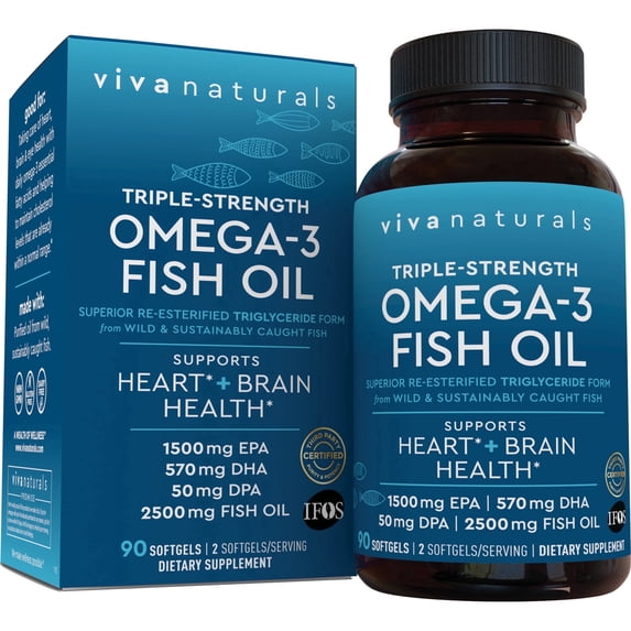 Viva Naturals Triple-Strength Omega-3 Fish Oil Supplement, 2500 mg, 90 Pescatarian-Friendly Softgels