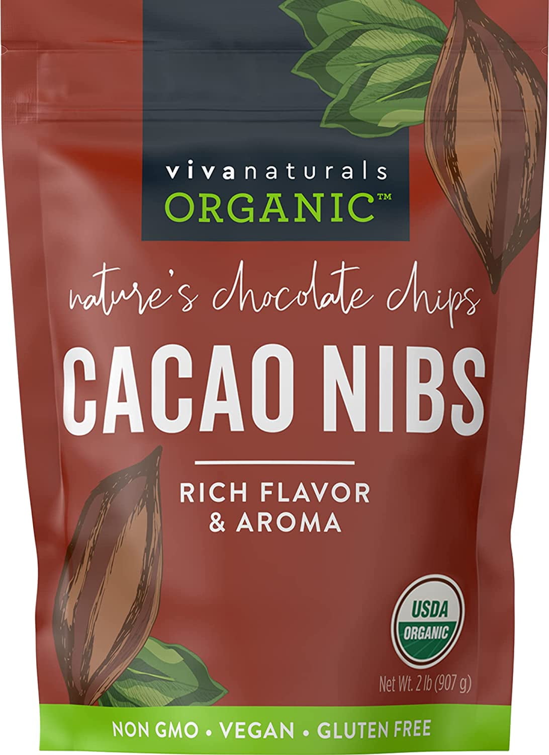 Viva Naturals Organic Cacao Nibs, 2 lb Bag (907g) Keto Friendly and