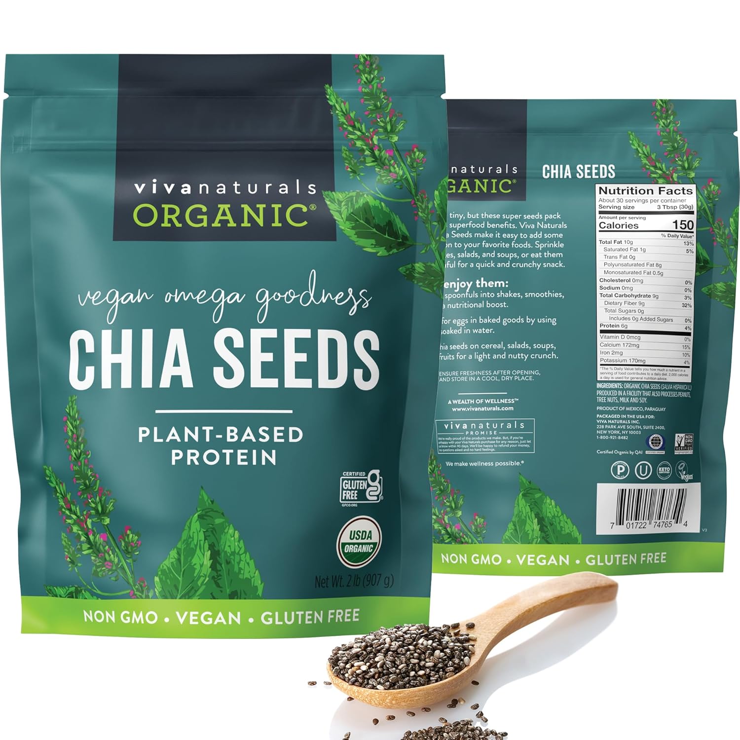 Viva Naturals Organic Chia Seeds 2 LBs PlantBased Omega3 and Vegan