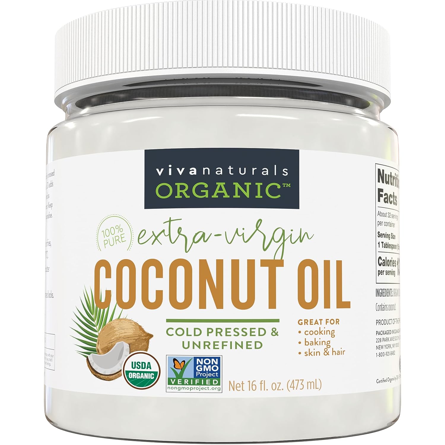 Viva Naturals Organic Coconut Oil, Cold-Pressed, Non-GMO, Unrefined Extra Virgin, 16 oz - image 1 of 8
