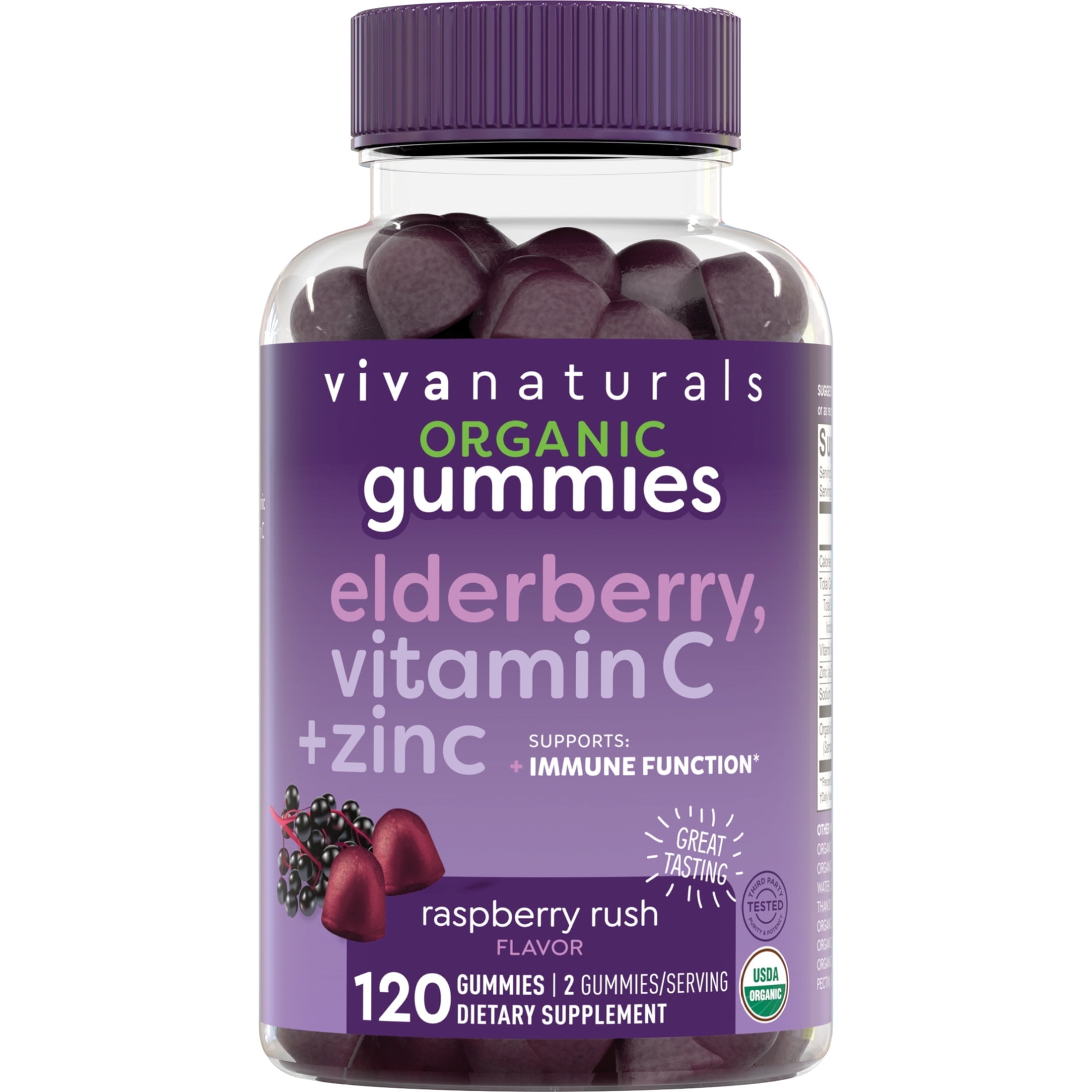 Viva Naturals Organic Elderberry, Vitamin C + Zinc Gummies, Raspberry Rush Flavor, 120 Gummies