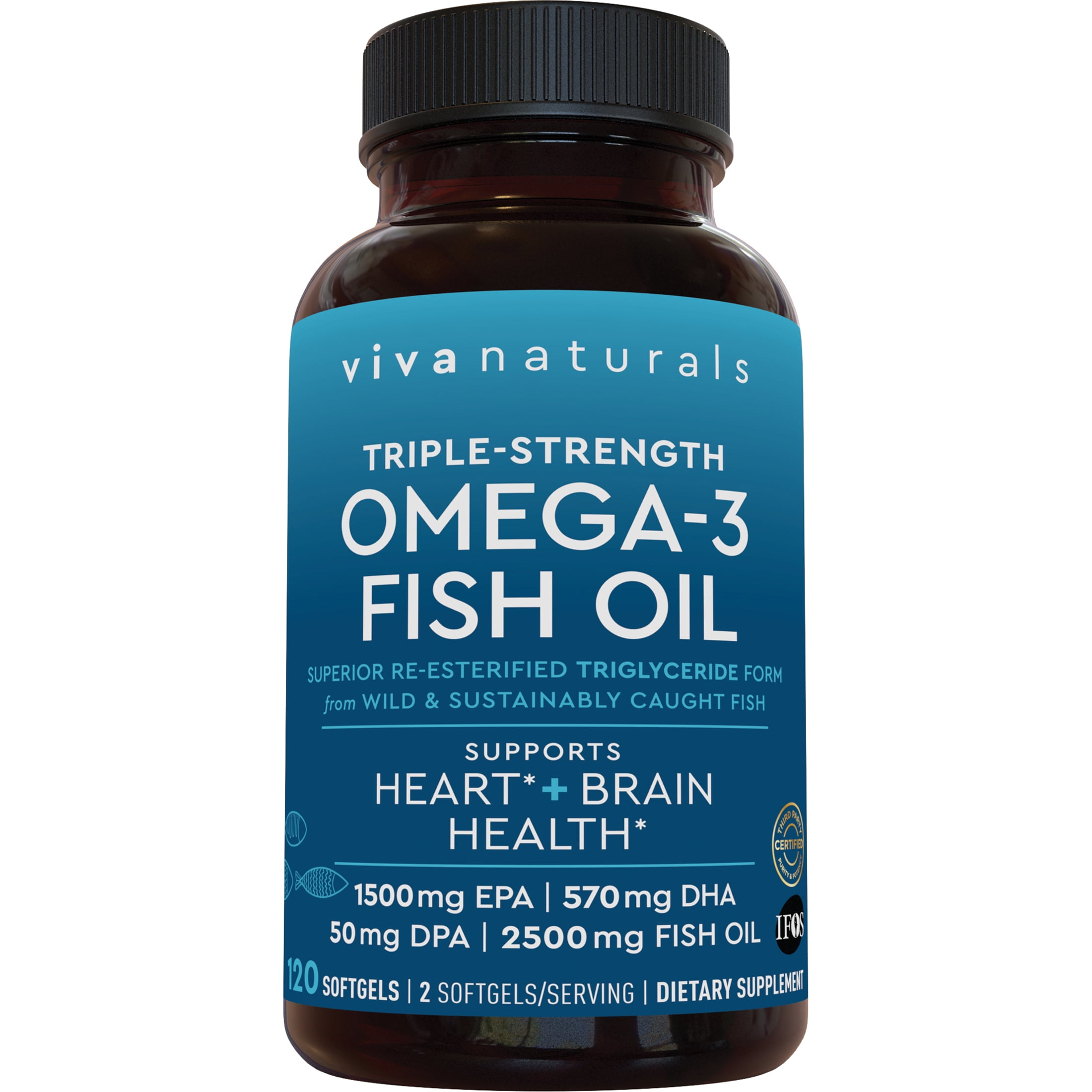 Viva Naturals Triple-Strength Omega-3 Fish Oil Supplement, 2500 mg, 120 Pescatarian-Friendly Softgels- Provides EPA & DHA, Supports Heart and Brain Health *
