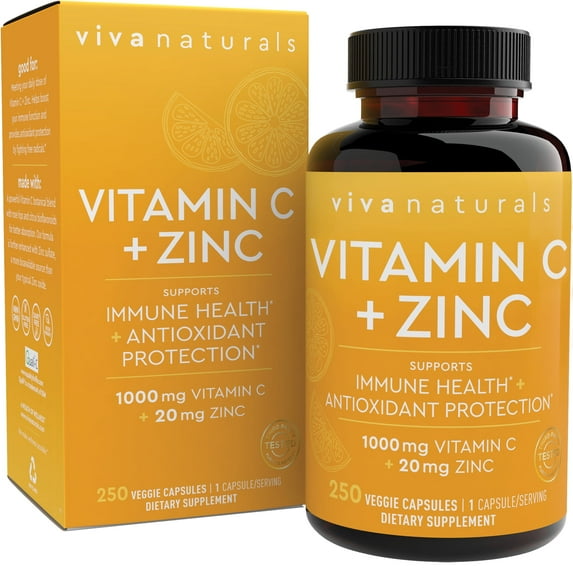Viva Naturals Vitamin C + Zinc Veggie Capsules 250 Count
