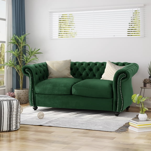 VivaLux Chesterfield Loveseat Sofa Emerald Velvet, Deep Button Tufted, Nailhead Trim, Rolled Arms 61.75" W x 27.75" H