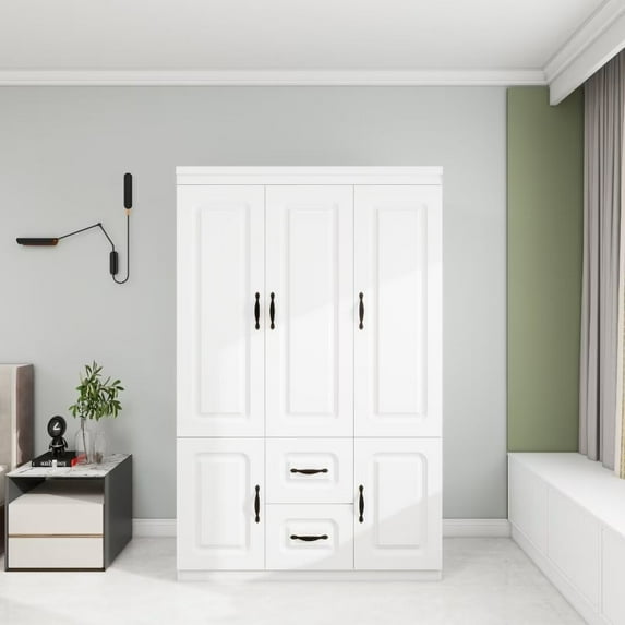 VivaVista 3-Door White Armoire Wardrobe Closet - Wood Storage Cabinet with Hanging Rod, 2 Drawers & 5 Shelves