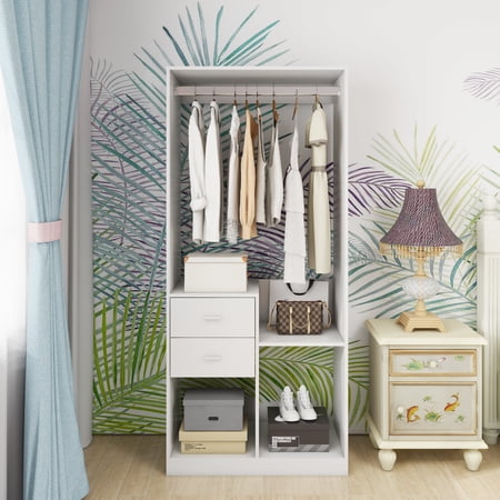 VivaVista 31.5" Wooden Closet System | Walk-In Organizer with Drawers, Heavy-Duty Clothes Rack, Built-In Garment Rack White