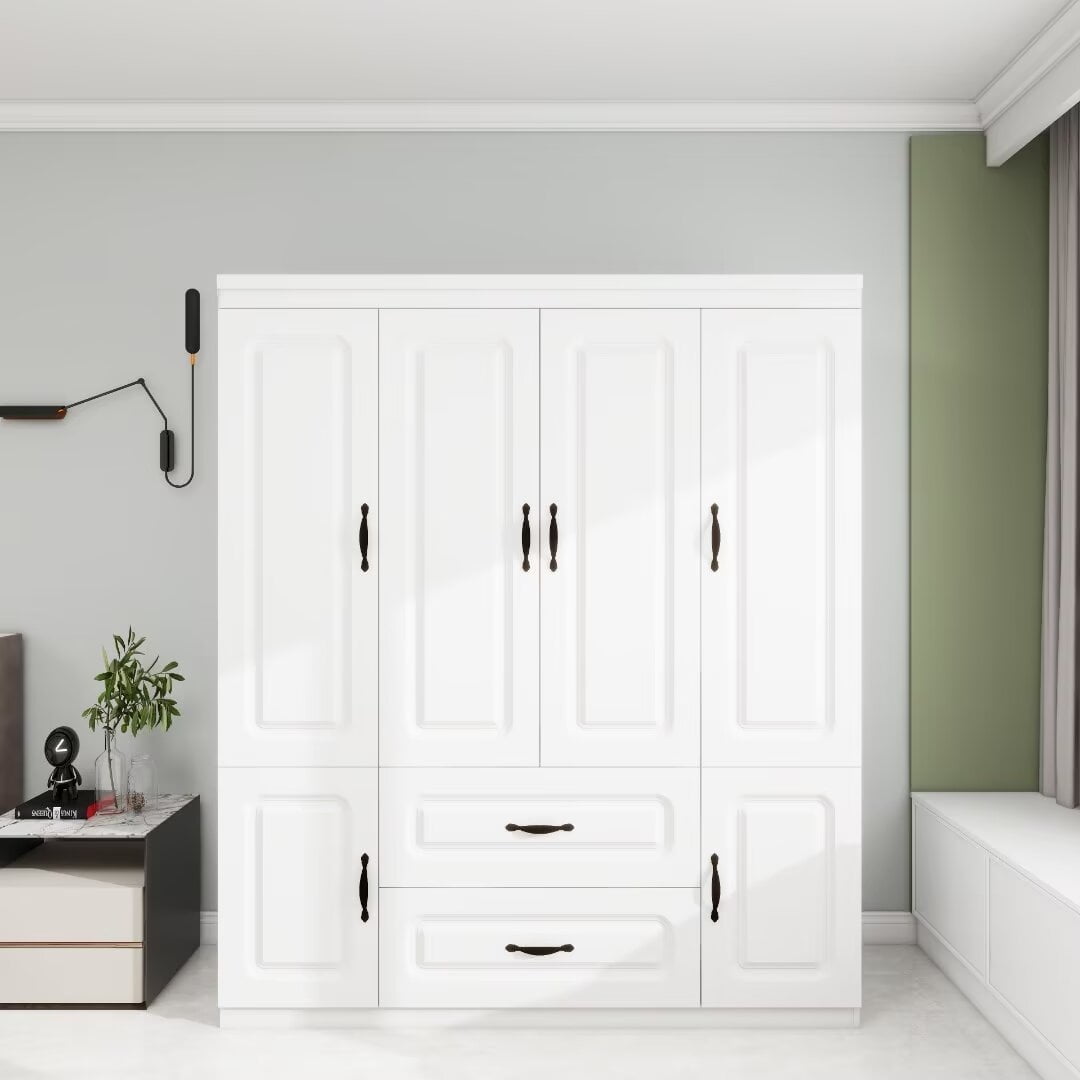 VivaVista 4-Door Wardrobe Armoire Closet, Modern White Wood Storage Cabinet with Hanging Rods & Drawers