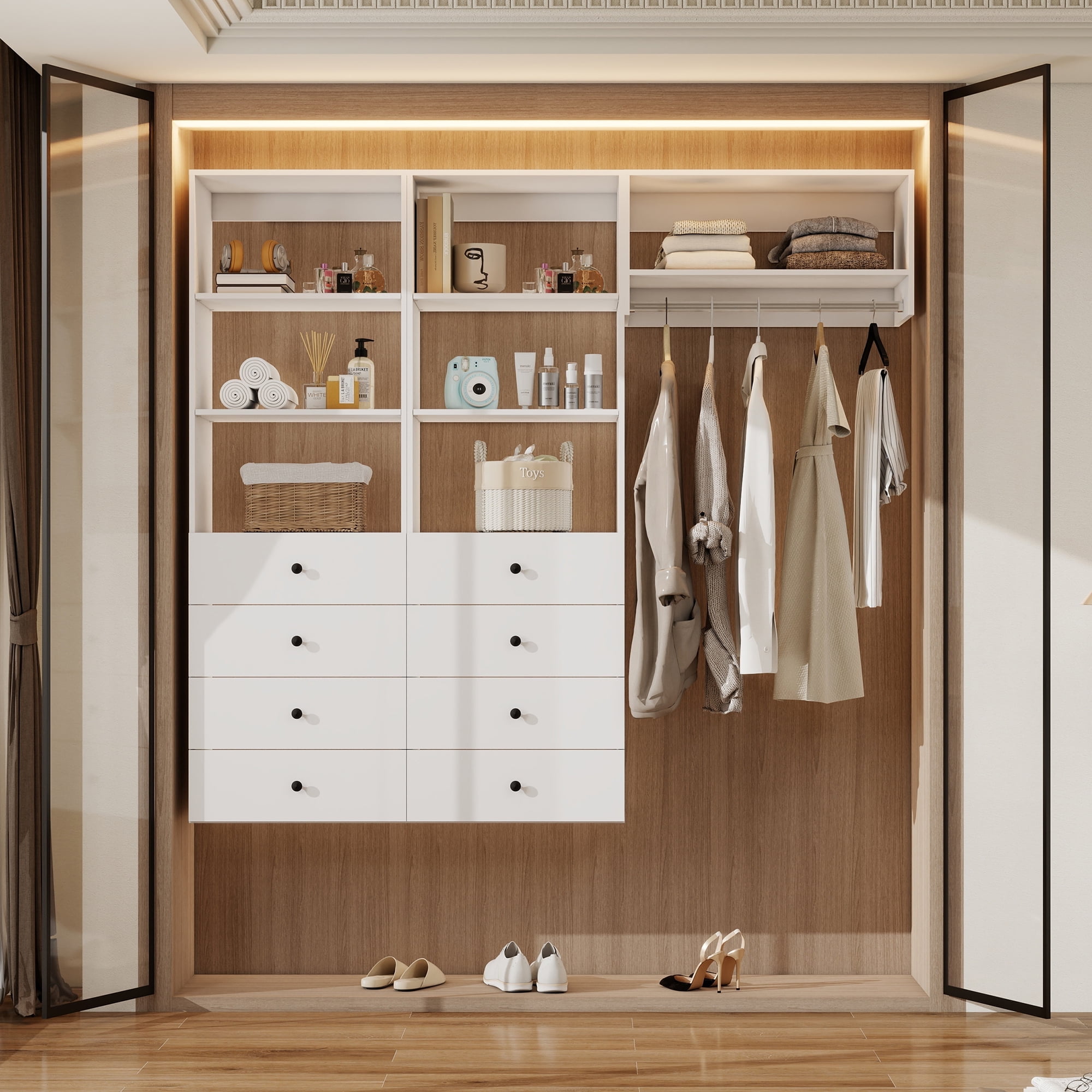 VivaVista Modern Walk in Closet System with Drawers and Shelves, Built