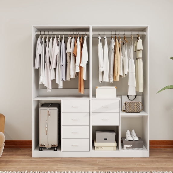 VivaVista Walk-In Closet Organizer, Wood Open Wardrobe Armoire Closet System with Drawers, Closet Organization and Storage System with Built-In Garment Rack
