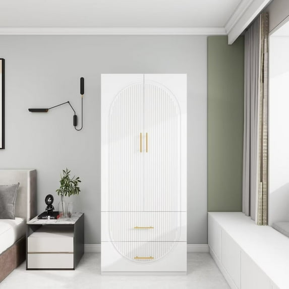 VivaVista Wooden Armoire Wardrobe : White Closet 2-Door Storage for Bedroom| Hanging Rod & 2 Drawers
