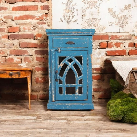 Vivaan Art And Craft Bedside Table Stand 1 Drawer 1 Door Unique Distressed Painted Mango Wood