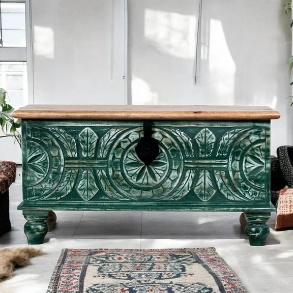 Vivaan Art And Craft Rustic Coffee Table with Storage and Lifting Top, Dark Green