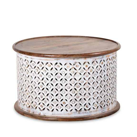 Vivaan Art And Craft Rustic Round Coffee Table with Storage Trunk, White