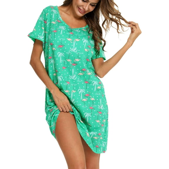 Vivabric Womens Nightgowns Cotton Sleepwear Plus Size Sleep Shirt Short Sleeve Nightshirt Print Sleepshirt Green Flamingo