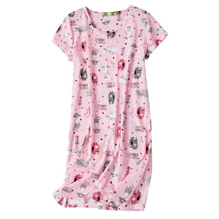 Vivabric Womens Nightgowns Cotton Sleepwear Plus Size Sleep Shirt Short Sleeve Nightshirt Print Sleepshirt Pink Cat