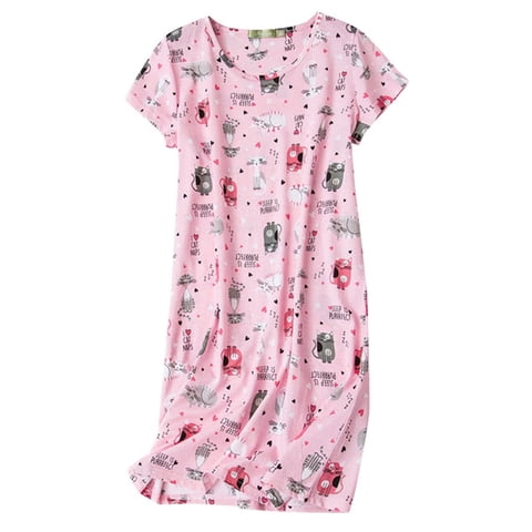 Womens Nightgowns Cotton Sleepwear Plus Size Sleep Shirt Short Sleeve Nightshirt Print Sleepshirt Pink Cat