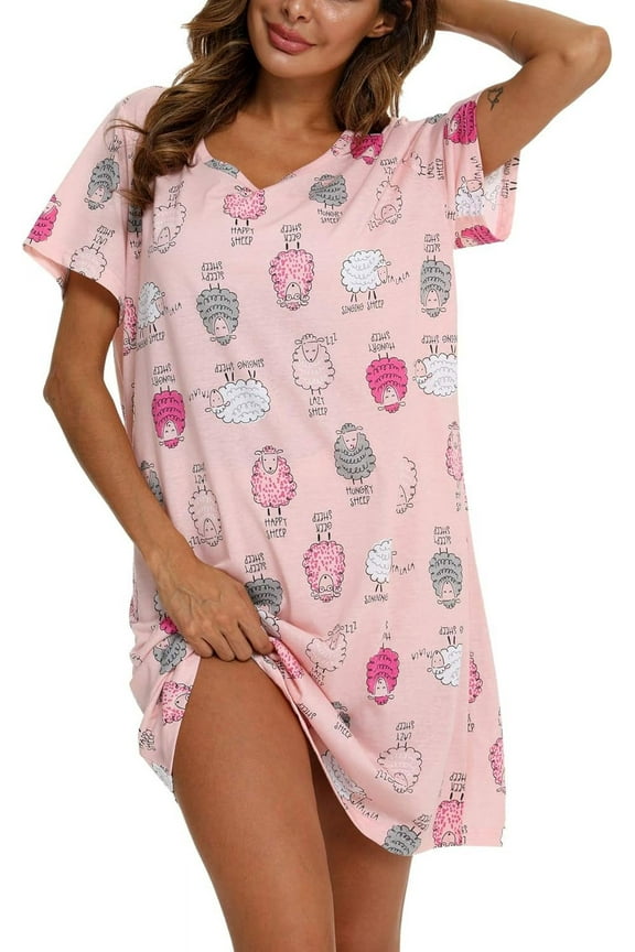 Womens Nightgowns Cotton Sleepwear Plus Size Sleep Shirt Short Sleeve Nightshirt Print Sleepshirt Pink Sheep