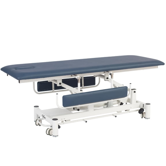 Vivacomfort Hi-Lo Power Treatment Table w/ Padded Side Rails & Specialty Upholstery - Includes Removable Face Cutouts & Foot Release Caster System (Blue)