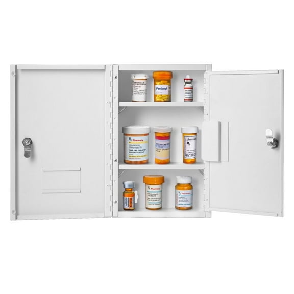 Vivacomfort Large White Double Door Narcotics Cabinet, Locking Medicine Cabinet, 24 H x 16 W x 8 D