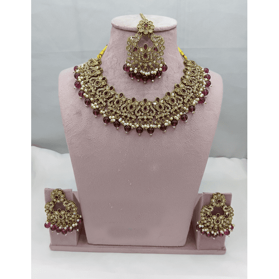 Vivajewels1 Traditional Gold-Tone Kundan Choker Necklace Set with Ruby Beads and Pearl Drops – Bridal Jewelry Set with Earrings and Maang Tikka