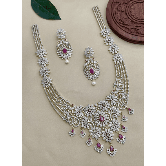 Vivajewels1 Women’s Ruby Stone Bridal Necklace Set with Earrings – CZ Stone Wedding Jewelry