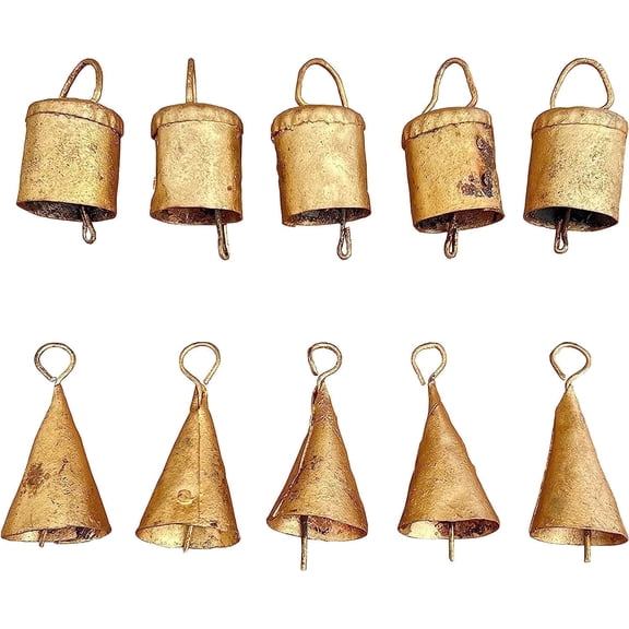 Vivanta Handcrafted Small Rustic Mini Gold Christmas Bells - Vintage Iron Tin Metal Ornaments for Crafts, 10 Count
