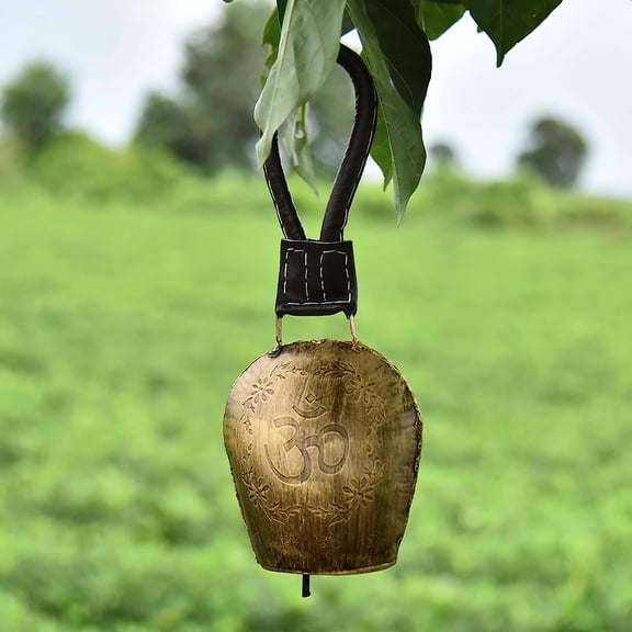 Vivanta 5 inch Cow Bell, Antique Gold Iron Hanging Decor with Leather Strap, Meditation Yoga Spiritual Indoor Outdoor Use