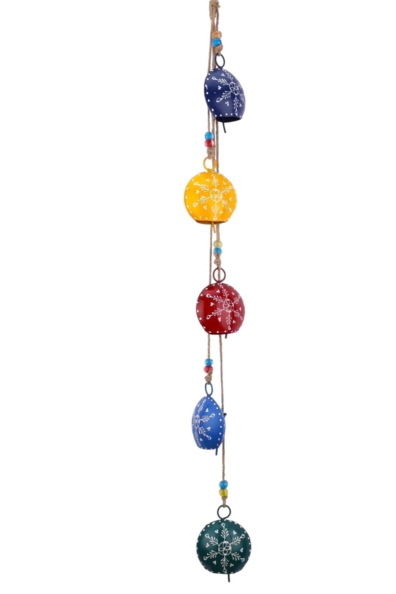 Vivanta 36" Hanging Metal Bells – Hand-Painted Rustic Wind Chime with 5 Large Cowbells on Jute Rope & Glass Beads – Vintage Door Hanging, Fireplace, Garden, Patio, Boho & Christmas Decor (Multi 36")