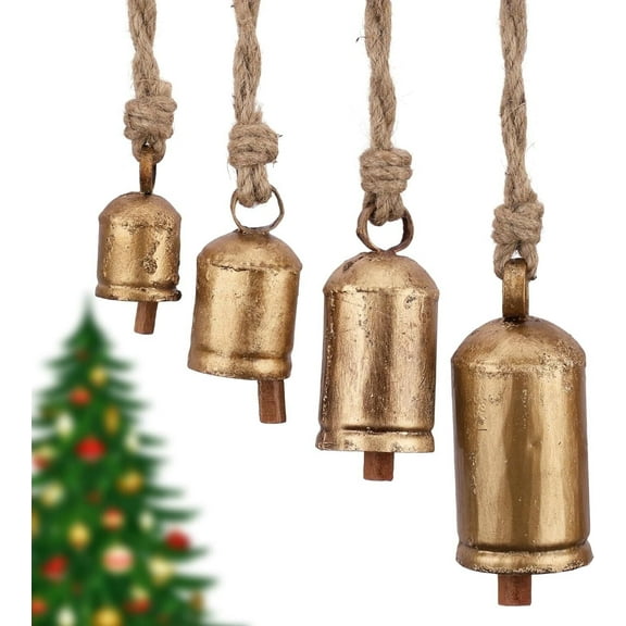 Vivanta 4 Pcs Handmade Decorative Cow Bells for Door & Door Knob Christmas Bells, Gold