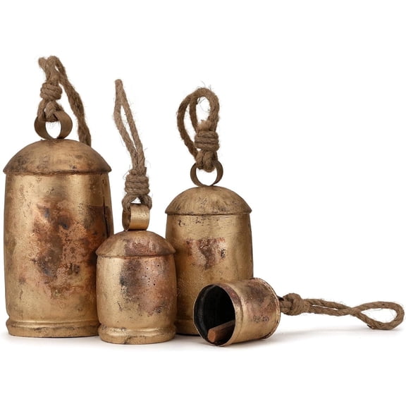 Vivanta Christmas Decor Cow Bells for Doors & Knobs - Giant Metal Hanging Decorative Bells 4s Gold, 4", 6", 8", 10"