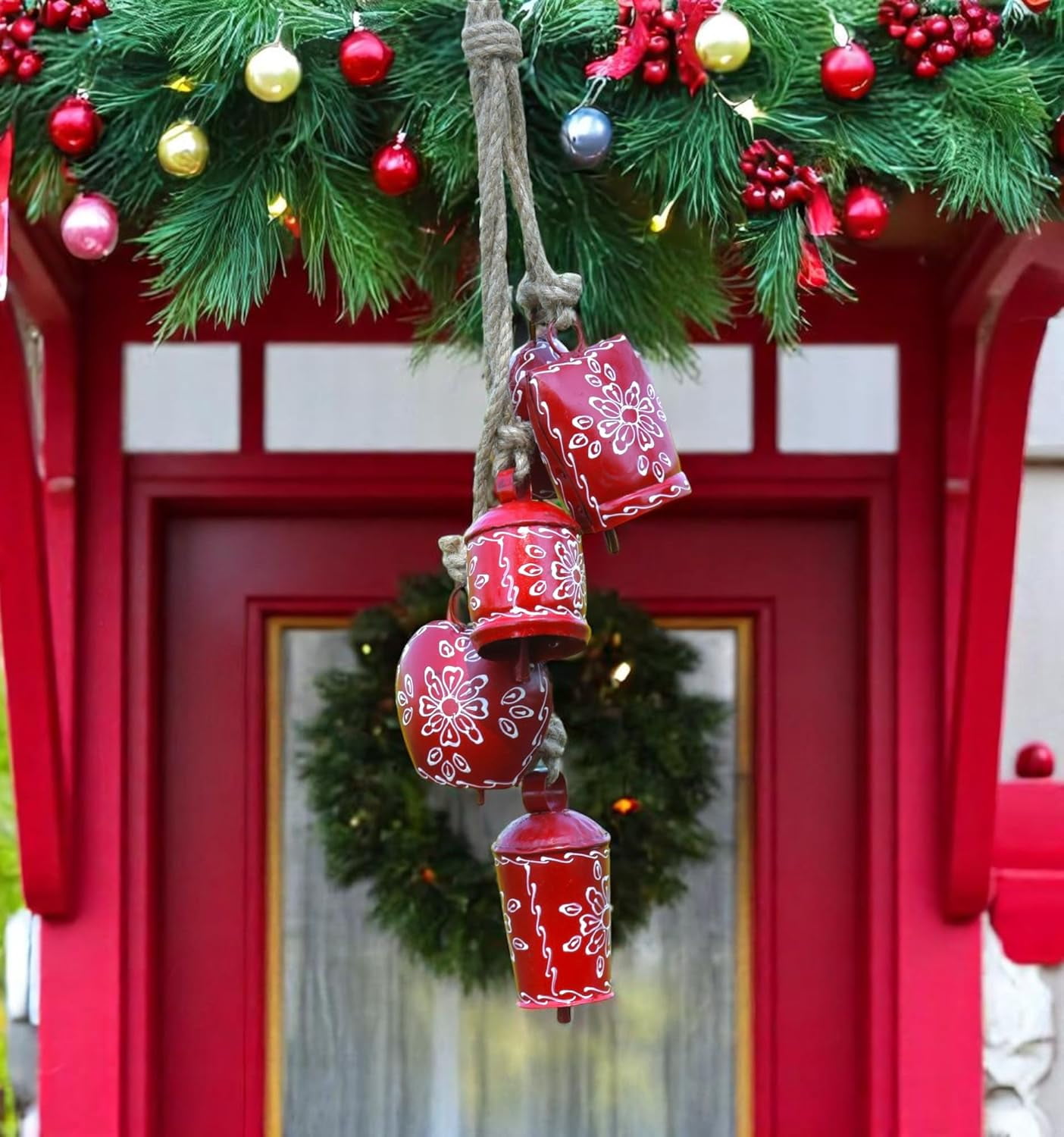 Vivanta Metal Vintage Rustic Cow Bell Wind Chime, Red, 25 inch, 5 Jingle Bells Boho Hanging, Outdoor Indoor Decor for Garden Door Porch Farmhouse and Meditation