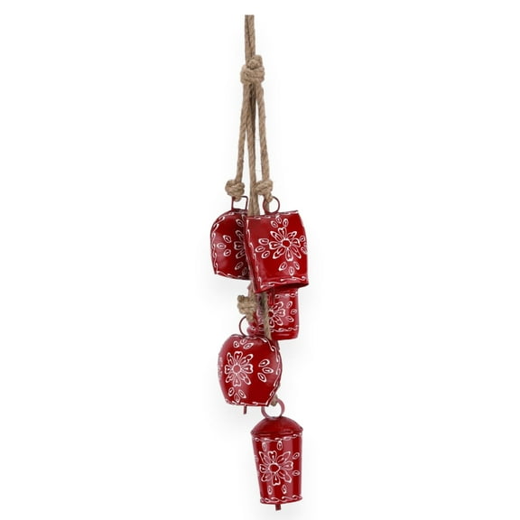 Vivanta Cow Bell Wind Chime 25 Long- 5 Rustic Jingle Bells for Christmas Decor, Garden, Door Knob, Porch, Farmhouse, Meditation, Boho Hanging Bells, Metal Vintage Chime for Outdoor & Indoor (Red)