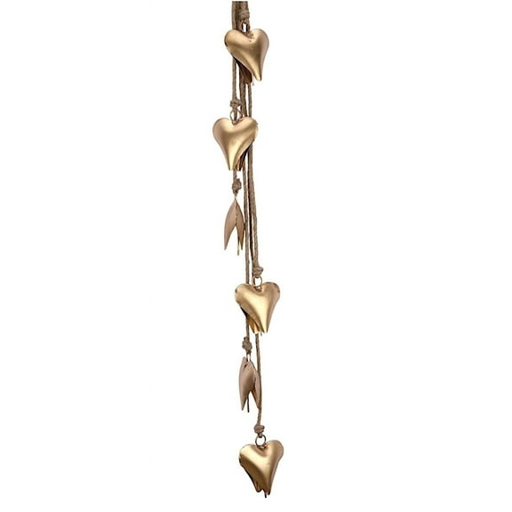 Vivanta Decorative Hanging Cow Bells 45 Metal Wind Chime with 6 Heart-Shap Bells on Rope - Vintage Farmhouse Boho Bell Garland for Christmas, Home, Porch, Entryway, Garden & Fireplace (Gold Heart)