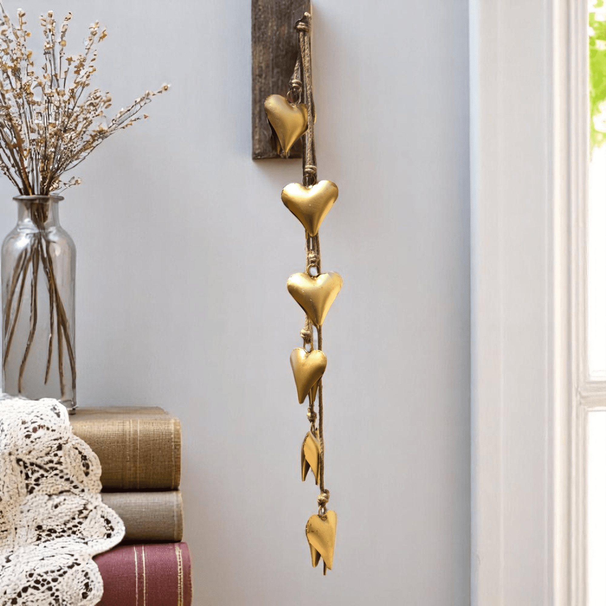 Vivanta Decorative Wind Chimes with Heart-Shaped Bells, 45 Inch, Gold Metal, Farmhouse Hanging Bell Home Decor