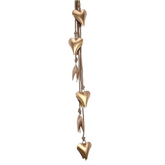 Vivanta Decorative Hanging Cow Bells – 45” Metal Wind Chime with 6 Heart-Shap Bells on Rope - Vintage Farmhouse Boho Bell Garland for Christmas, Home, Porch, Entryway, Garden & Fireplace (Gold Heart)