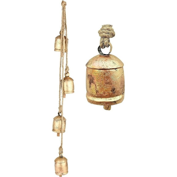 Vivanta Giant Cow Bells Set Rustic Vintage Lucky Harmony Cluster Christmas Bells on Jute Rope, Wind Chimes Wall Décor 36", Gold