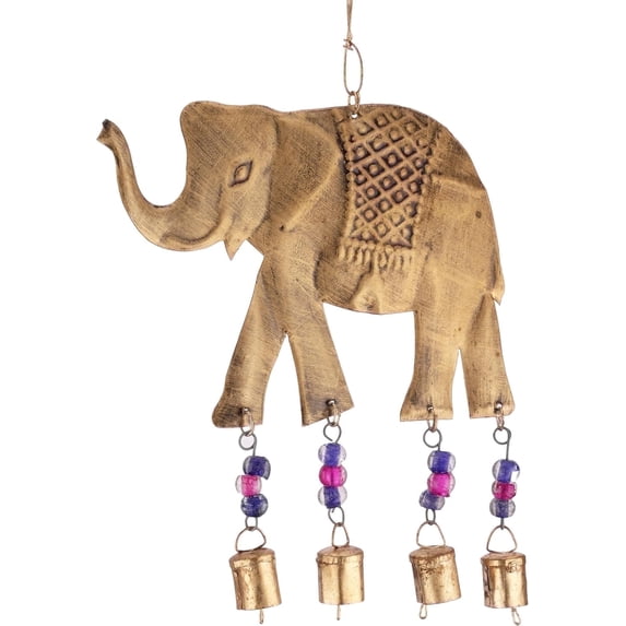 Vivanta Elephant Theme Wind Chimes 15 in Gold Metal Hanging Handmade Wind Chimes, with Beads & Cow Bells