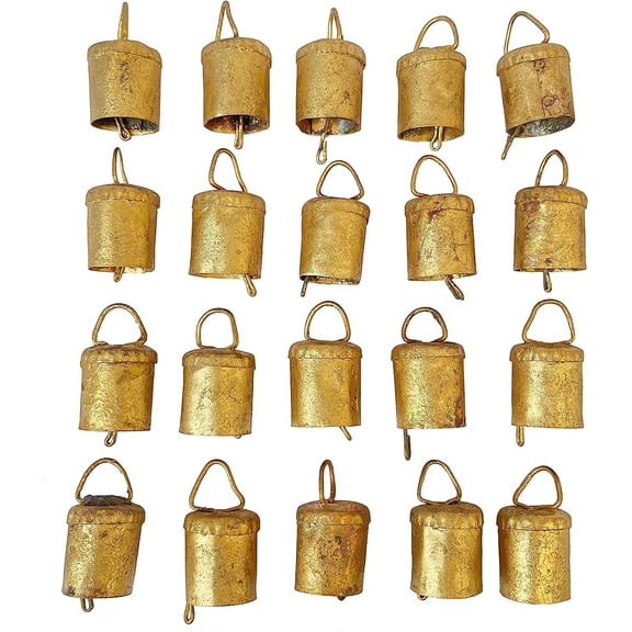 Vivanta Rustic Mini Holiday Hanging Metal Cow Bells and Jingle, Gold Decorative Christmas Ornament , 4.45 cm, Pack of 20