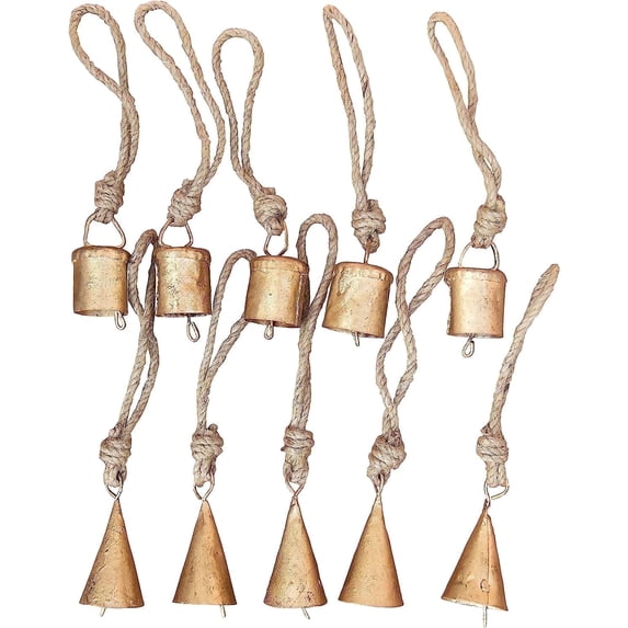 Vivanta Wind Chime Bells, pack of 10 – Handmade Tin Cow Bells for Crafts & Christmas Décor – Rustic Gold Vintage Hanging Ornaments