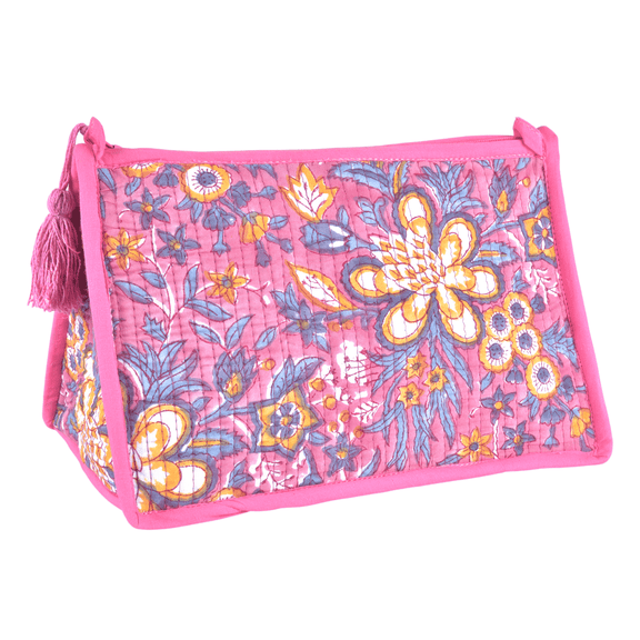 Vivanta Quilted Floral Block Print Makeup Bag  Cotton Travel Toiletry and Makeup Organizer, Cosmetic Pouch, Toiletry Bag for Women, Cute Boho Coquette Make Up Bag for Women