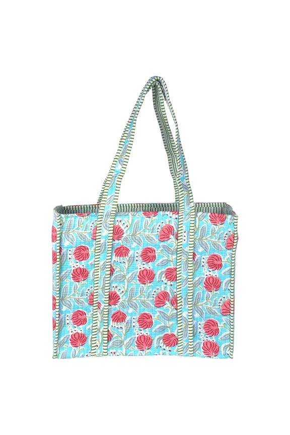 Quilted Tote Bag for Women  Large Size Block Print Cotton Shoulder Bag for Shopping Grocery Travel Work  Handmade Floral Tote Bags Reusable Quilted Beach Bags 16  13  6 inches