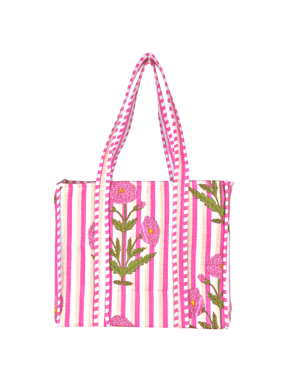 Cotton Quilted Tote Bag, Pink Floral, Large, Block Print Reusable Shoulder Bag for Women, Shopping Travel Beach