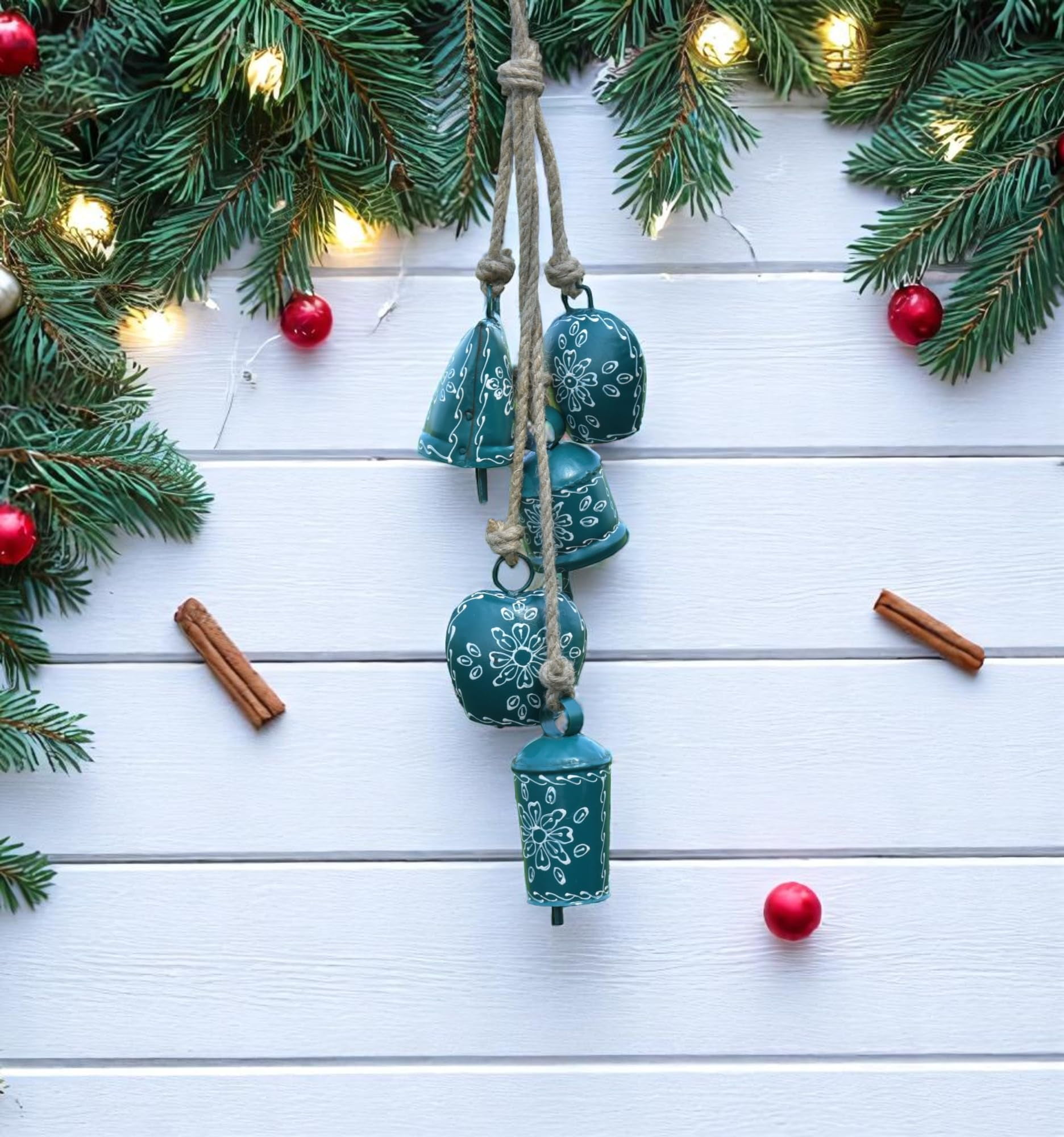 Vivanta Rustic Cow Bell Wind Chime 25” - 5 Metal Hanging Bells for Christmas, Farmhouse, Porch, Entryway, Bohemian Garden Chime, Vintage Bell Garland, Antique Wind Chimes for Indoor & Outdoor (Green)