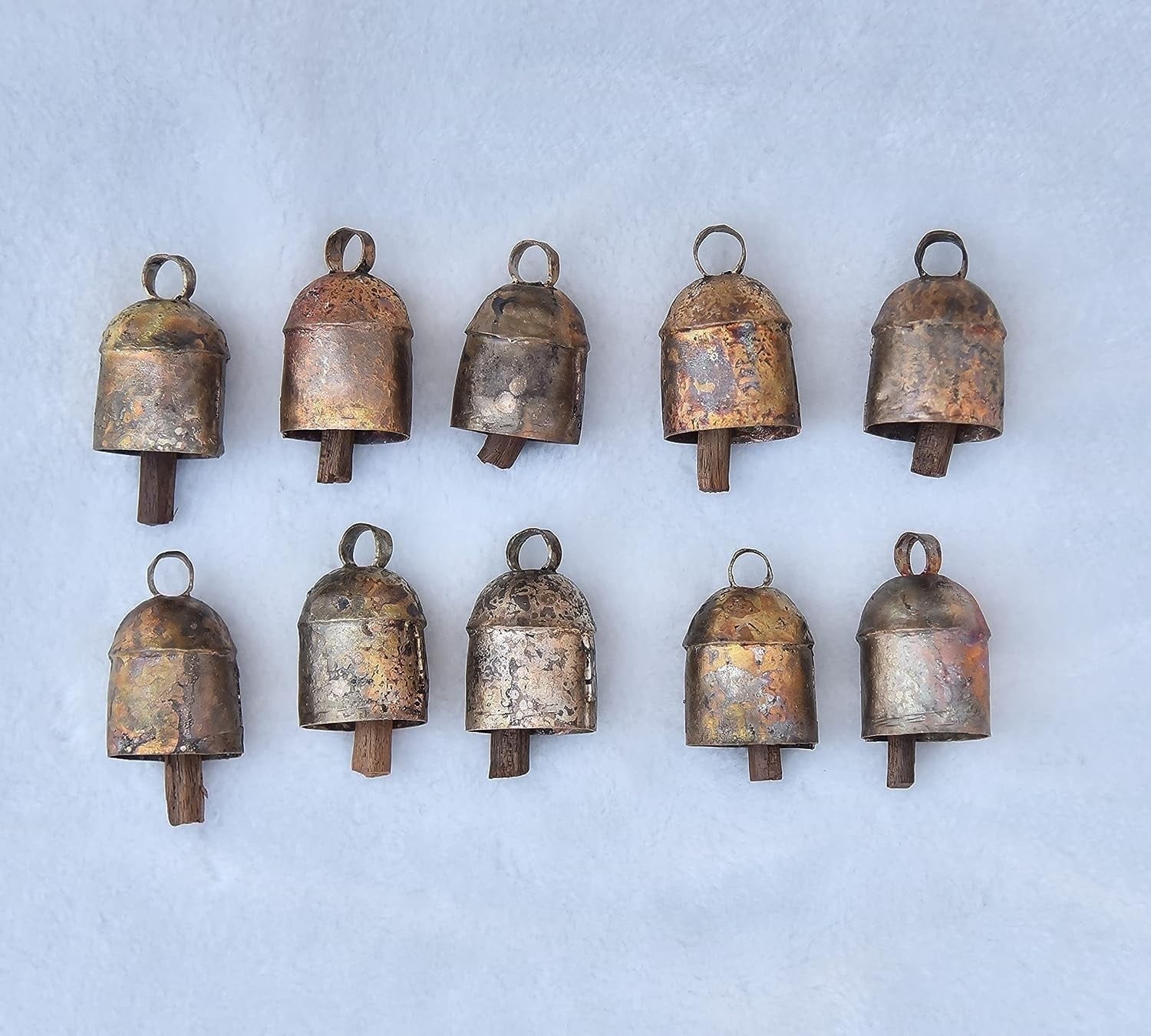 Vivanta Antique Wooden Indian Metal Bells - Set of 10 Small 1-Inch for Farmhouse Christmas Crafts and Holiday Decor