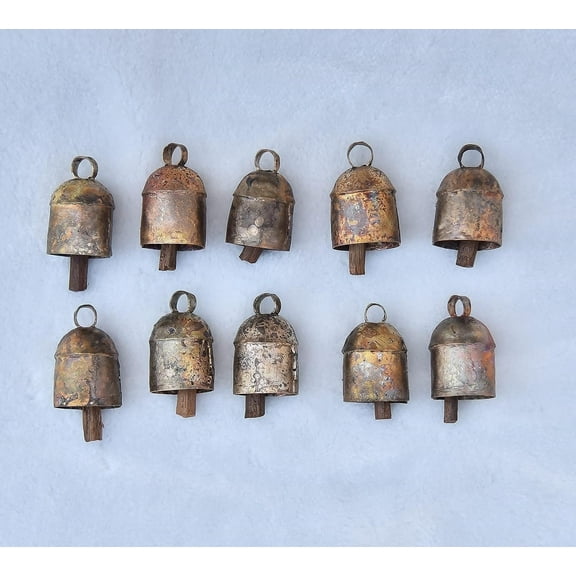 Vivanta Antique Wooden Indian Metal Bells - Set of 10 Small 1-Inch for Farmhouse Christmas Crafts and Holiday Decor