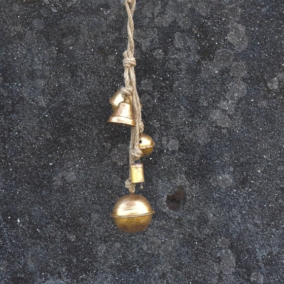 Vivanta Jingle Bell Hanging Decorations 22 Inch Gold Metal Hanging Holidays Wind Chimes, 5 Mixed Shape Cow Bells on Jute Rope